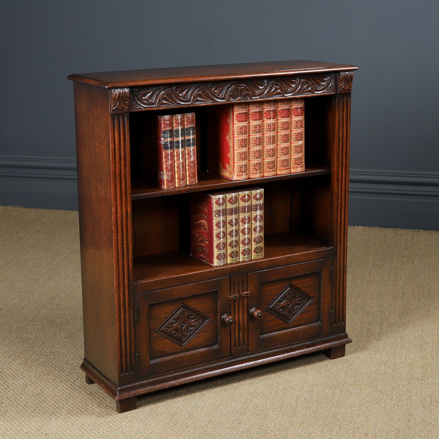 Vintage English 16th Century Style Tudor / Elizabethan Oak Open 3ft Bookcase Cupboard (Circa 1930)