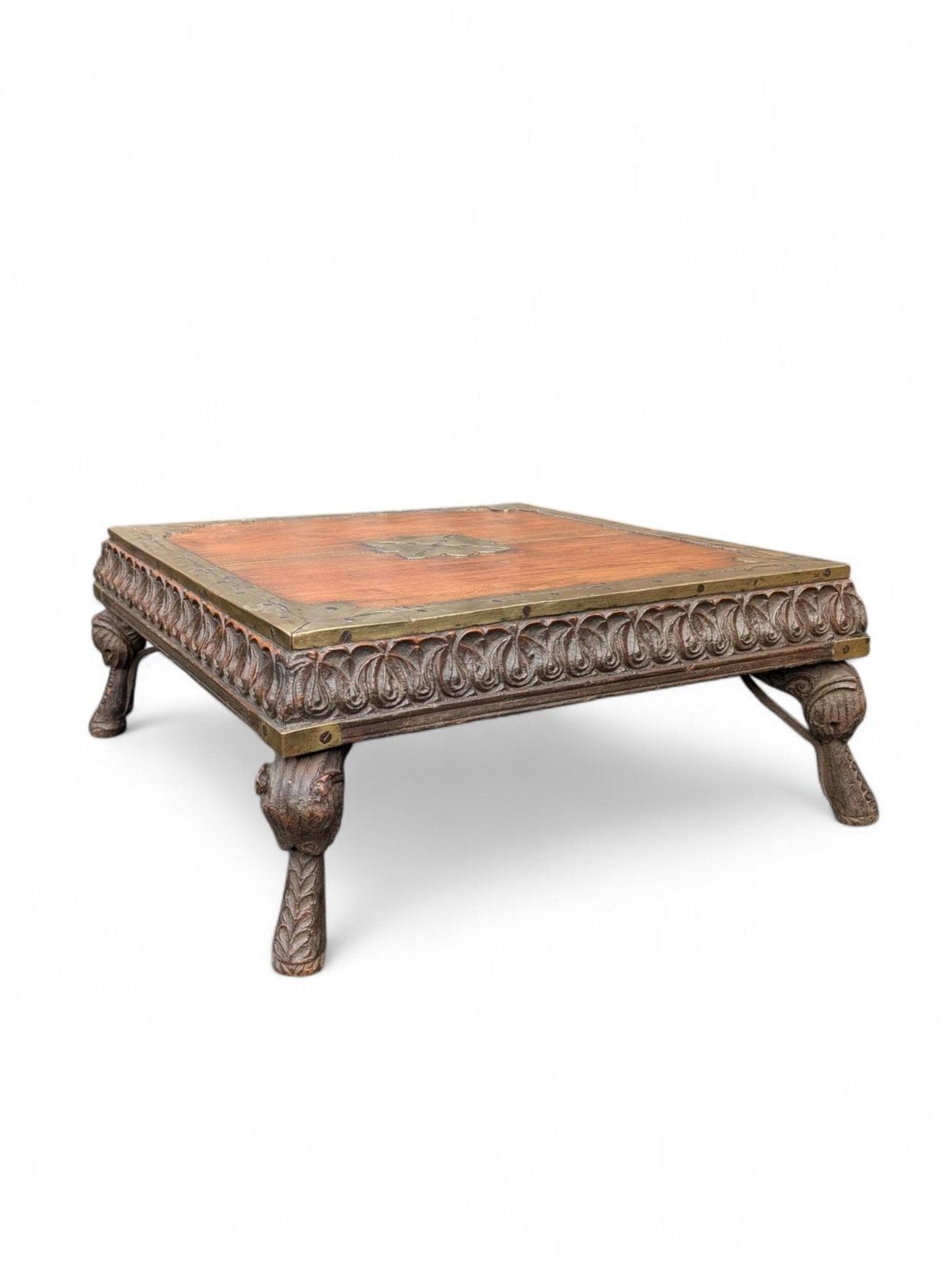 Antique Indian Bajot Low Table – 19th Century Carved Teak Chowki photo Furniture