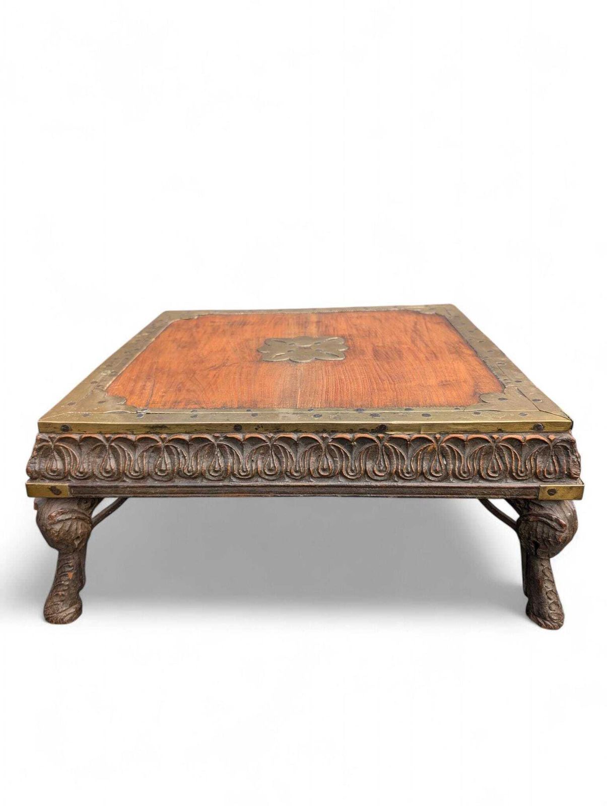 Antique Indian Bajot Low Table – 19th Century Carved Teak Chowki photo vinterior