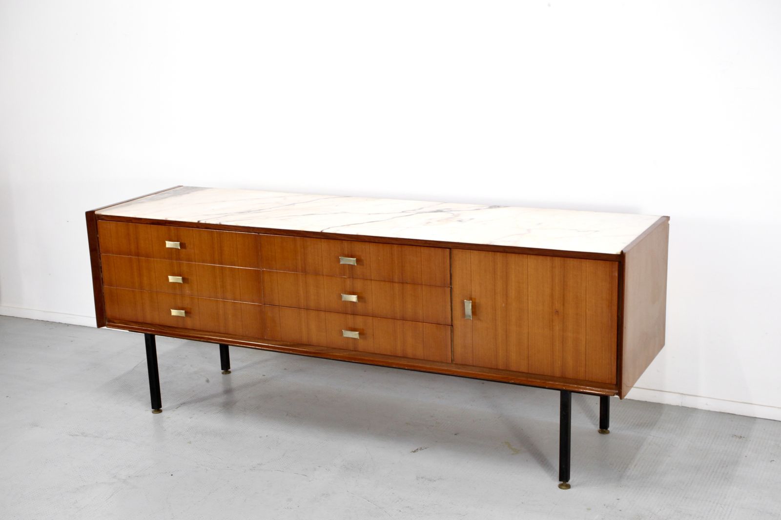 Italian Midcentury Sideboard In Teak, Carrara Marble, Brass And Steel Manufactured In Cantu. photo 2999.0
