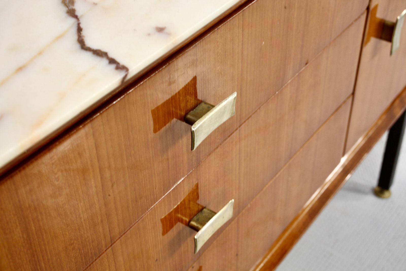 photo for sale Italian Midcentury Sideboard In Teak, Carrara Marble, Brass And Steel Manufactured In Cantu.