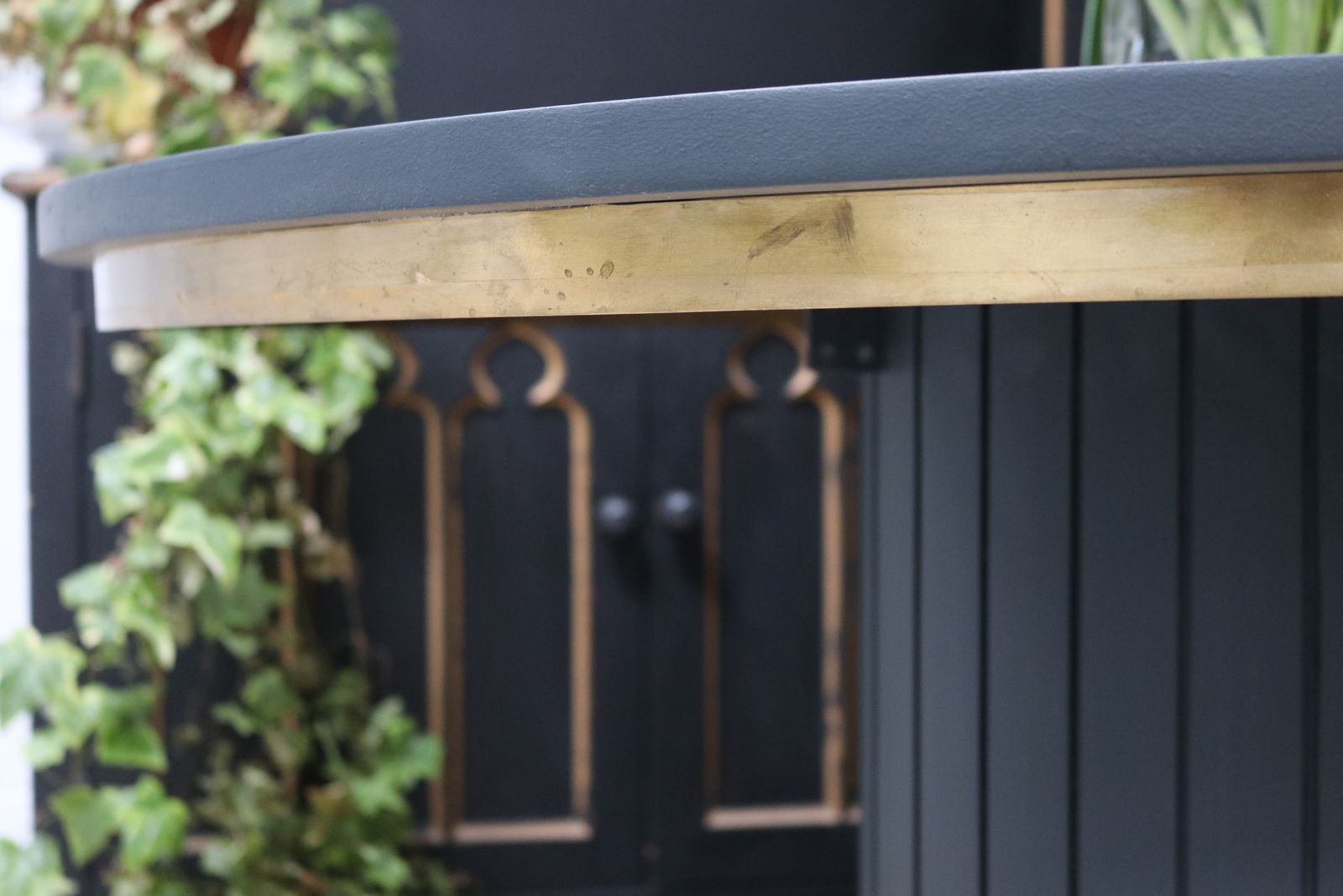 Stunning Black Round Dining Table With Brass Metal Edge Slatted Wood Column Base photo vintage