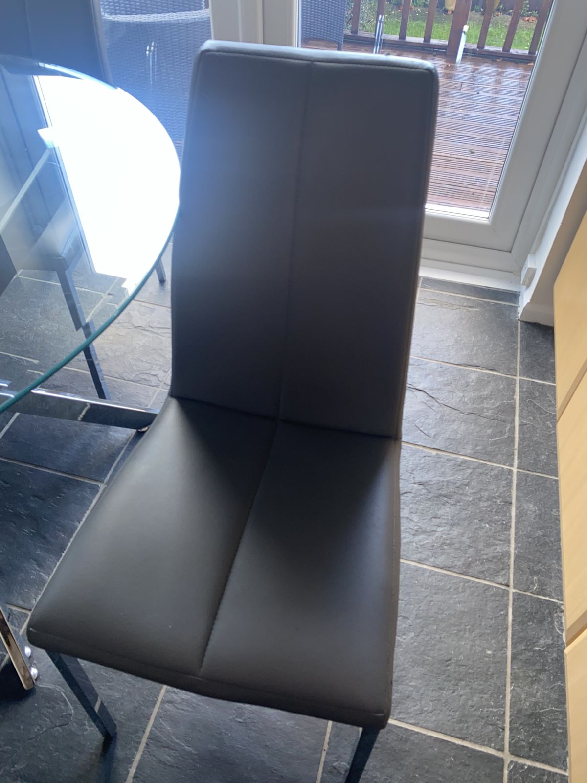 Round Glass And Chrome Table And 4 Grey Faux Leather And Chrome Chairs photo Furniture