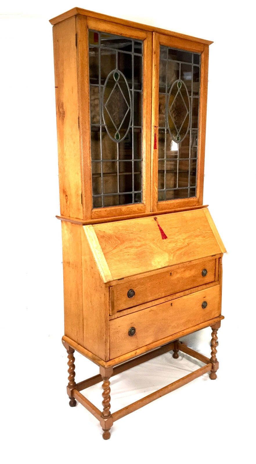 Antique Oak Wooden Bureau & Display Bookcase Cabinet With Glazed Doors C.1930
