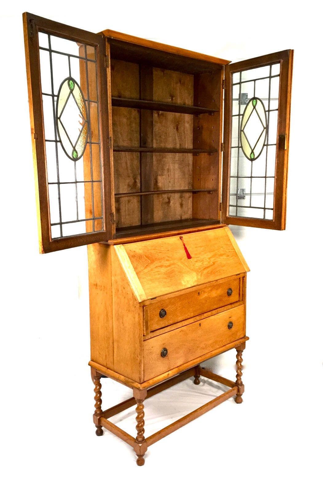 Antique Oak Wooden Bureau & Display Bookcase Cabinet With Glazed Doors C.1930 photo vintage