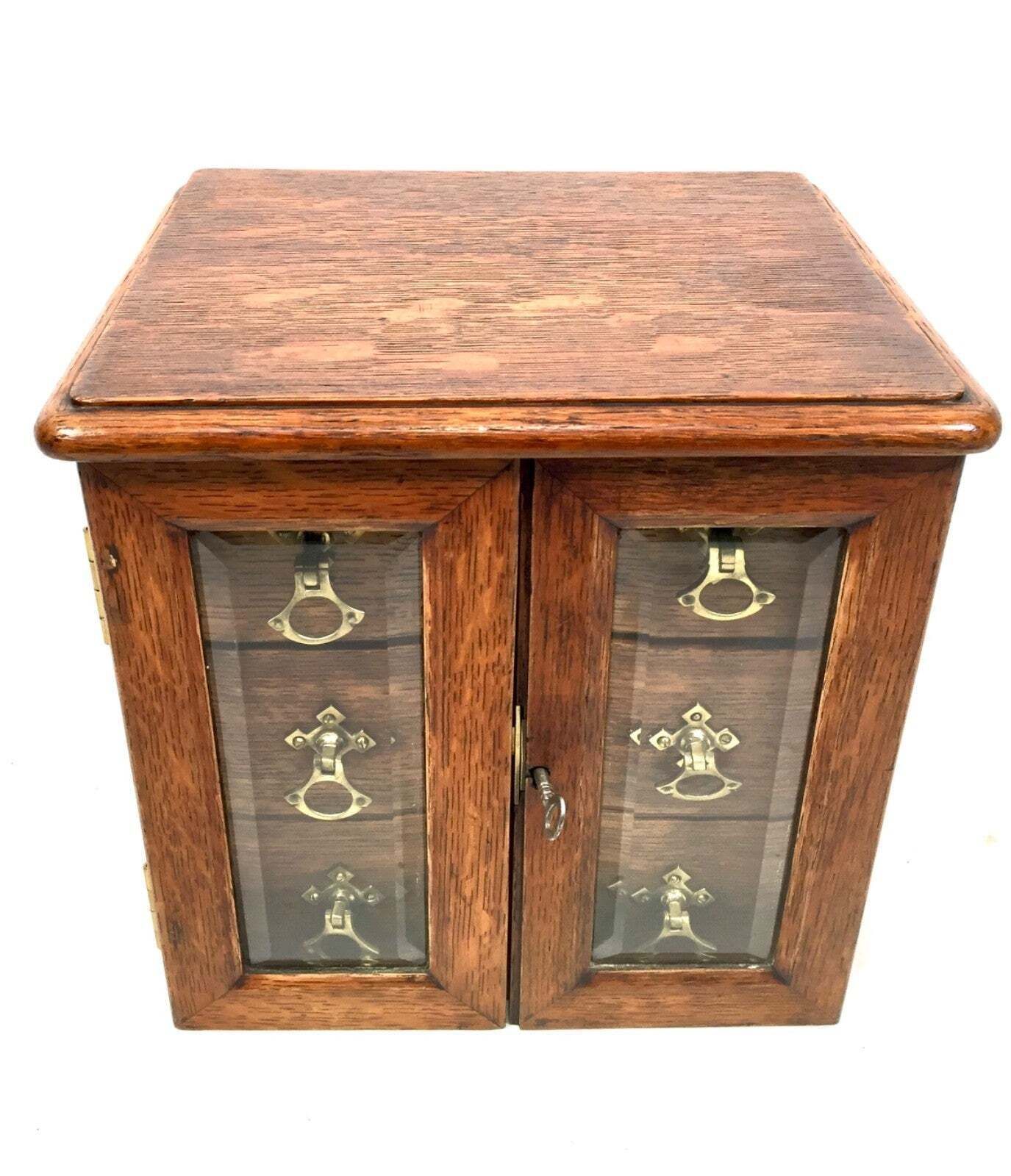 Antique Wooden Oak & Glass Tabletop Cabinet / Drawers / Jewellery Box With Key photo for sale