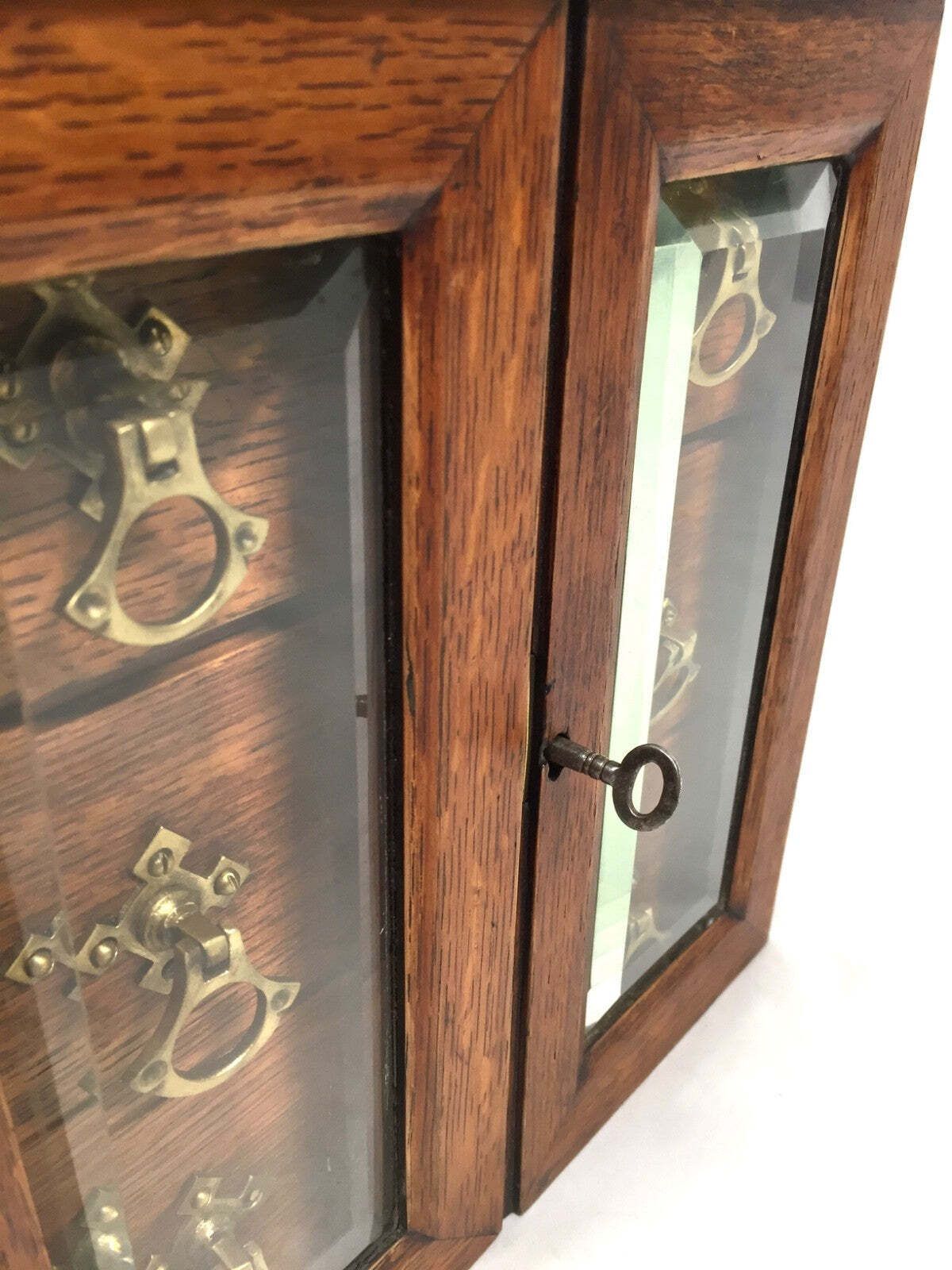 photo vinterior Antique Wooden Oak & Glass Tabletop Cabinet / Drawers / Jewellery Box With Key