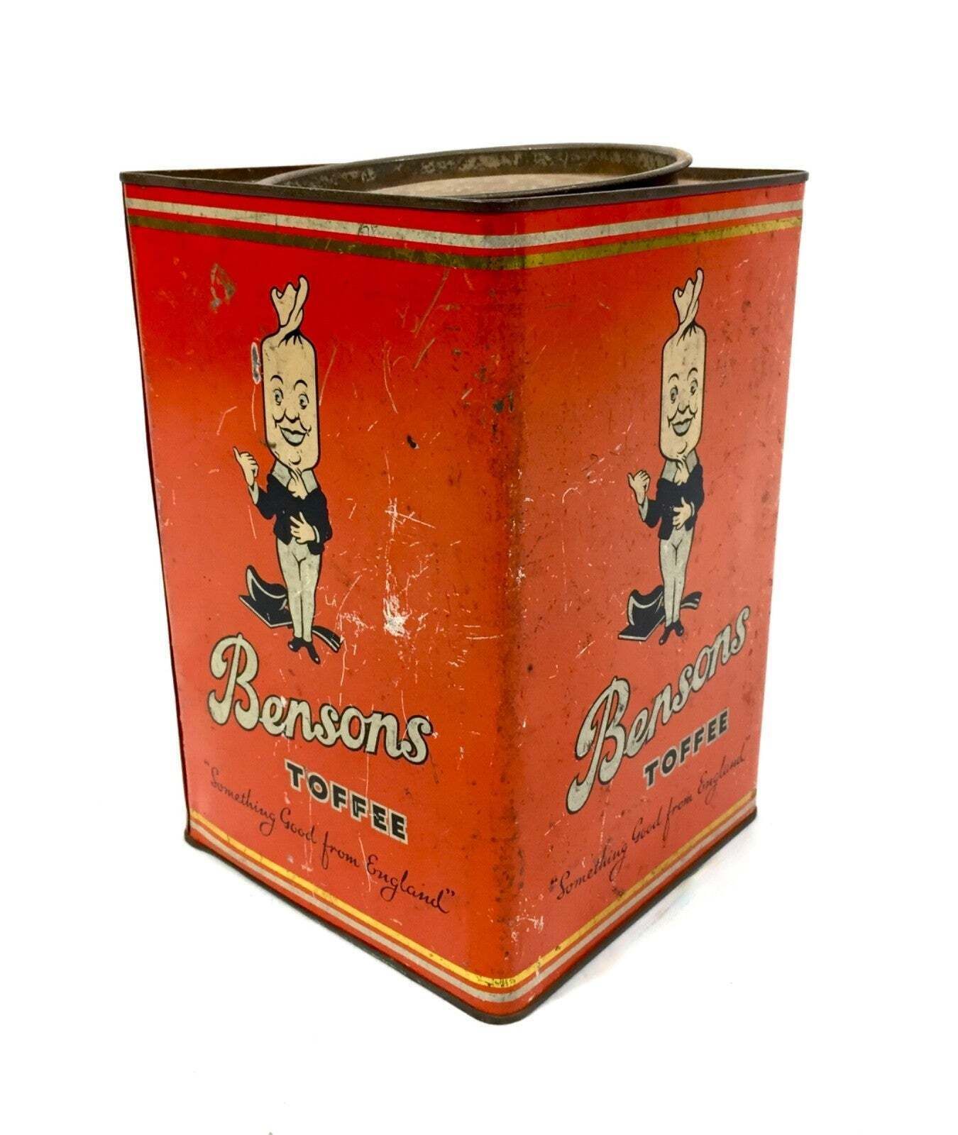 Antique Advertising English 1950s Pictorial Bensons Toffee Tin Container & Lid photo furniture