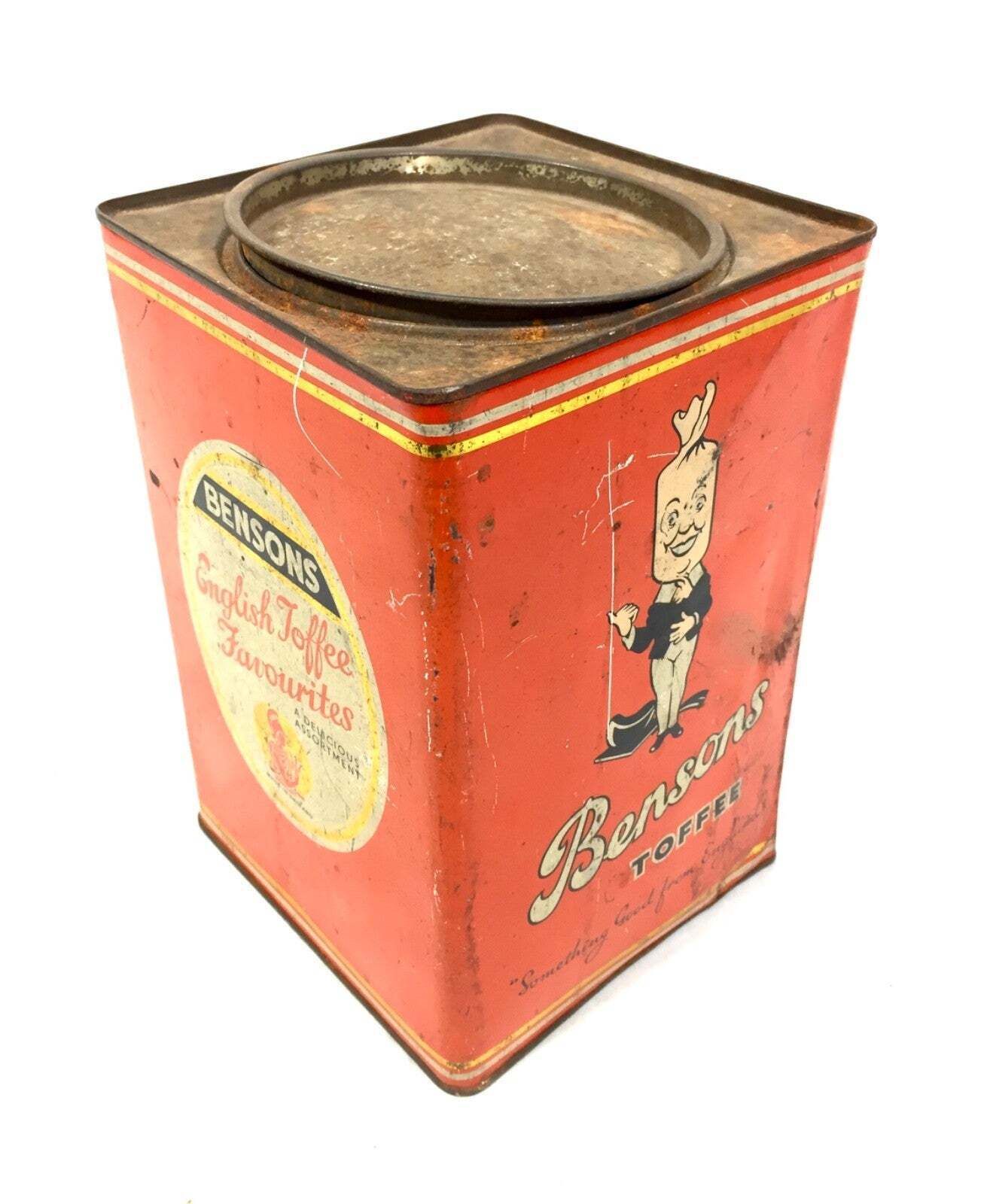 Antique Advertising English 1950s Pictorial Bensons Toffee Tin Container & Lid photo 99.0