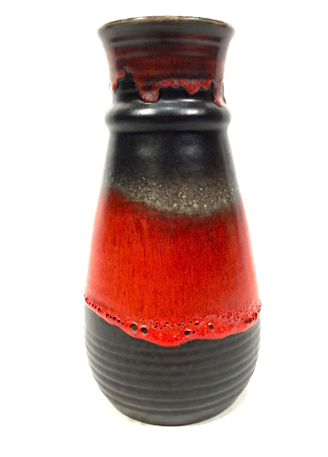 Vintage West German Pottery Fat Vase Bay Factory / Red & Black / Retro 1970s
