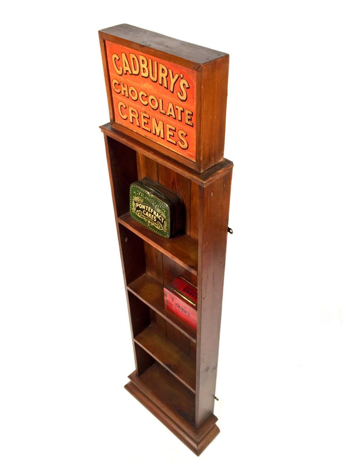 Antique Stained Pine Wooden Wall Shelf Unit With Cadbury's Chocolate Display Box photo for sale