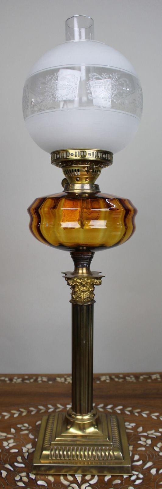 Victorian Brass Oil Lamp With Amber Glass Font photo 450.0