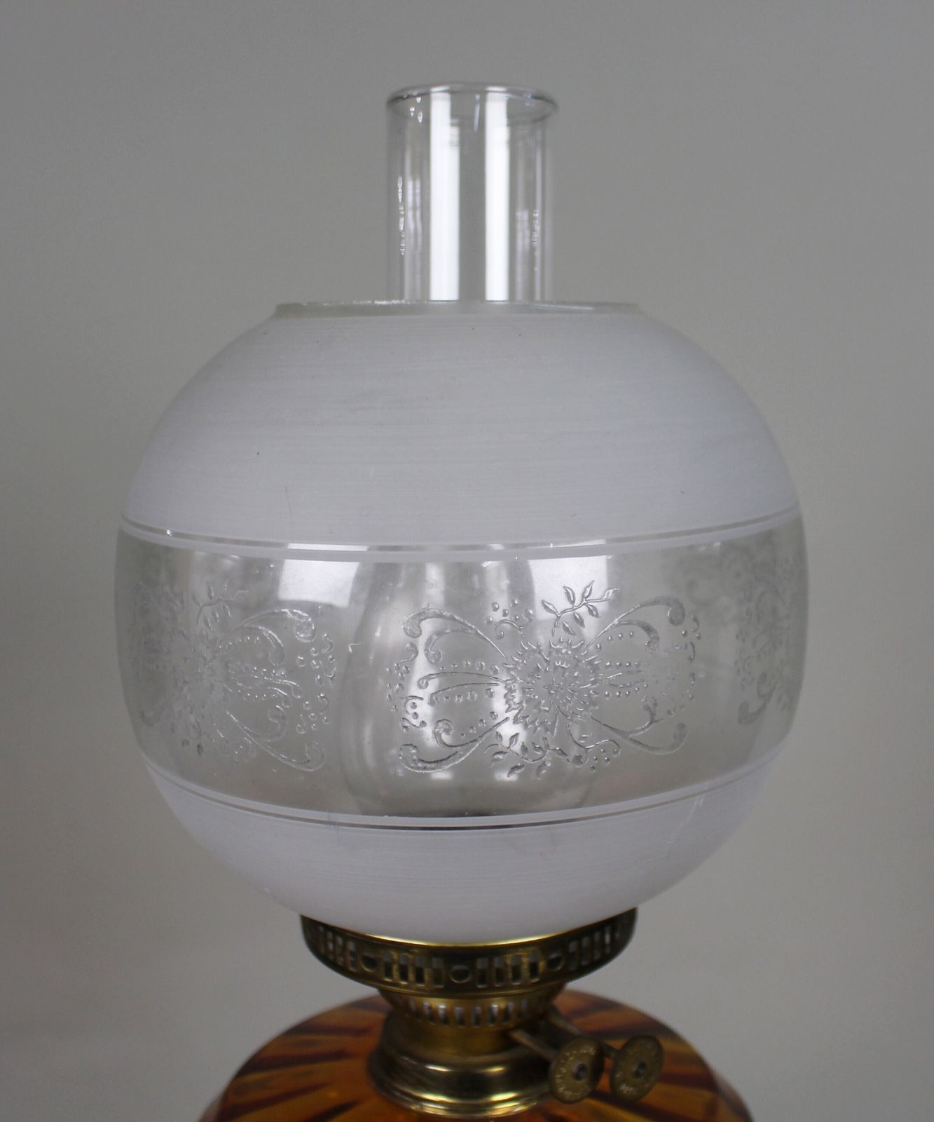 Victorian Brass Oil Lamp With Amber Glass Font photo vinterior