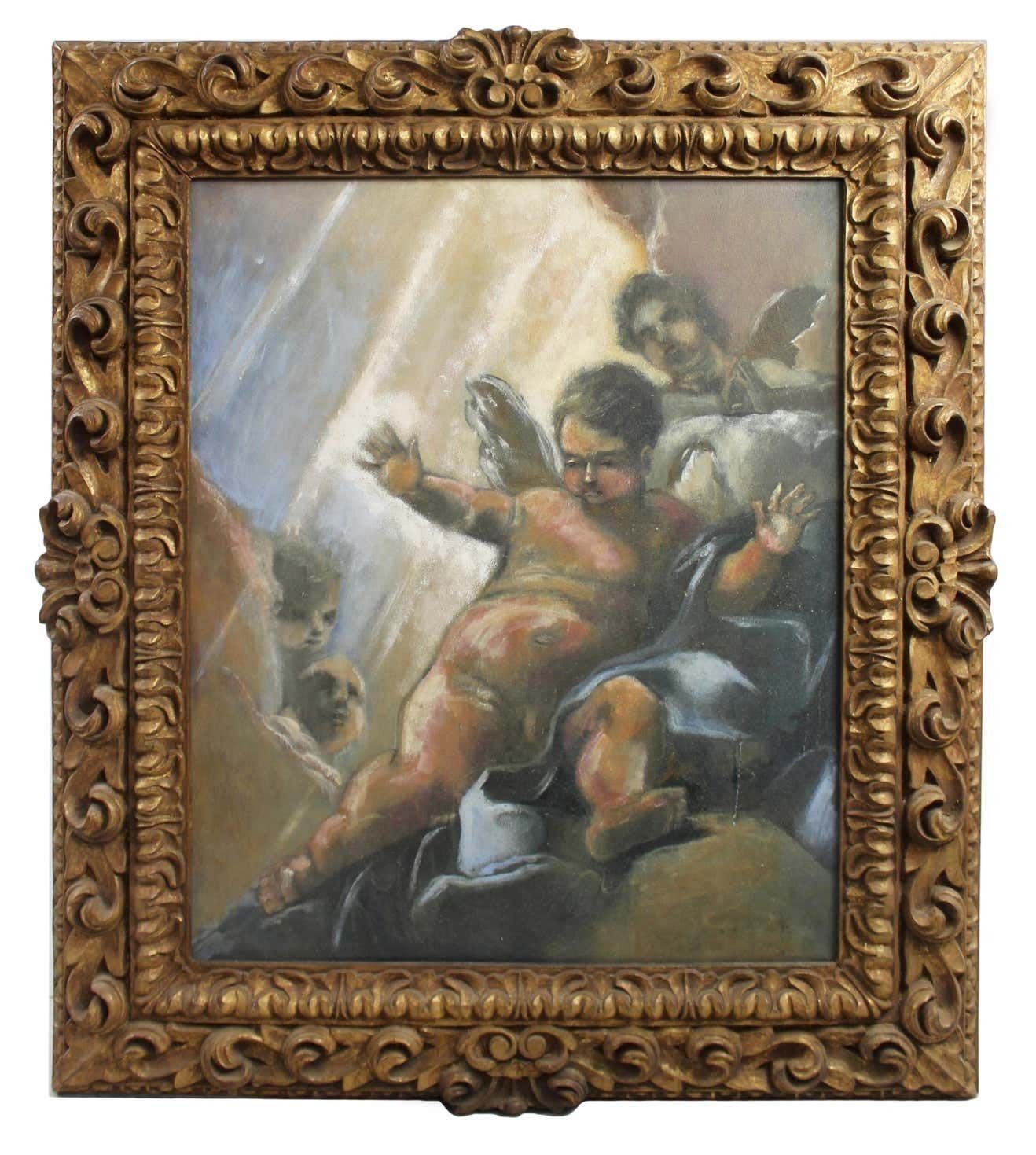 Italian Renaissance Style Cherub Oil On Canvas Giltwood Frame photo furniture