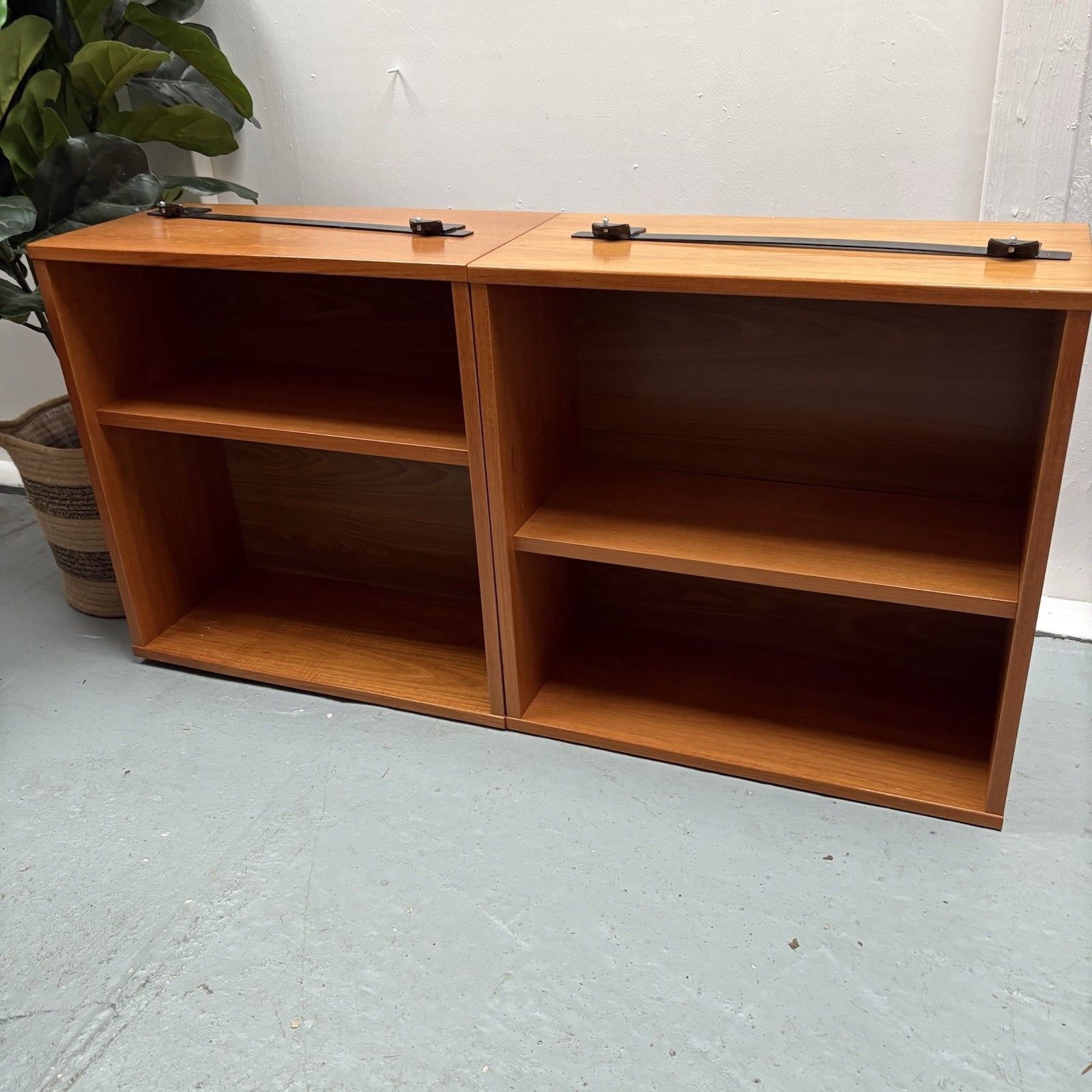 Pair Of Mcm Beaver Tapley 33 Floating 2 Section Open Teak Bookcases photo furniture