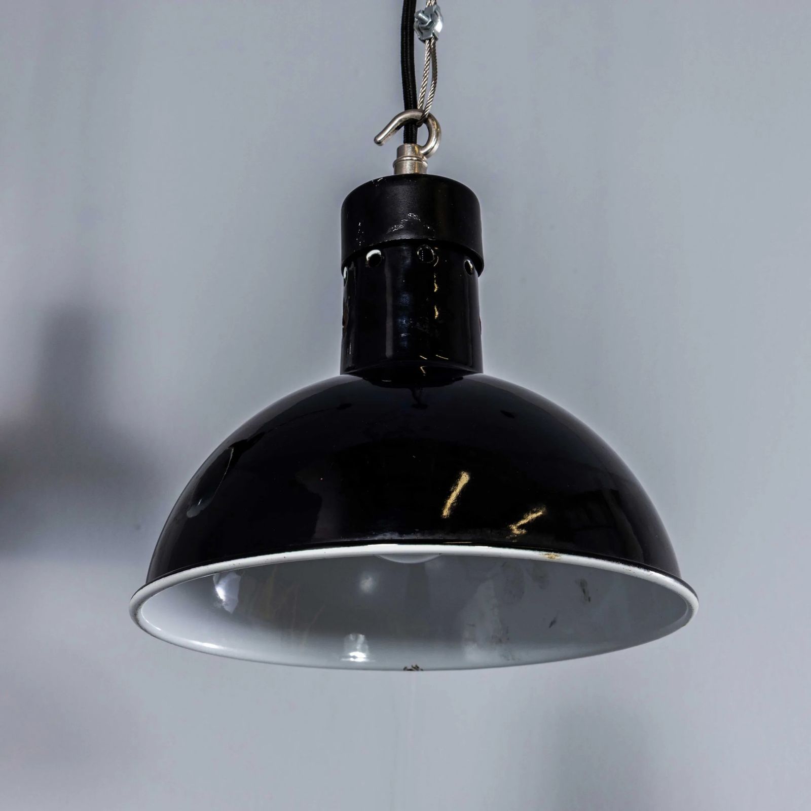 1940’s English Black Enamel Factory Lamps – 10 Inch photo for sale