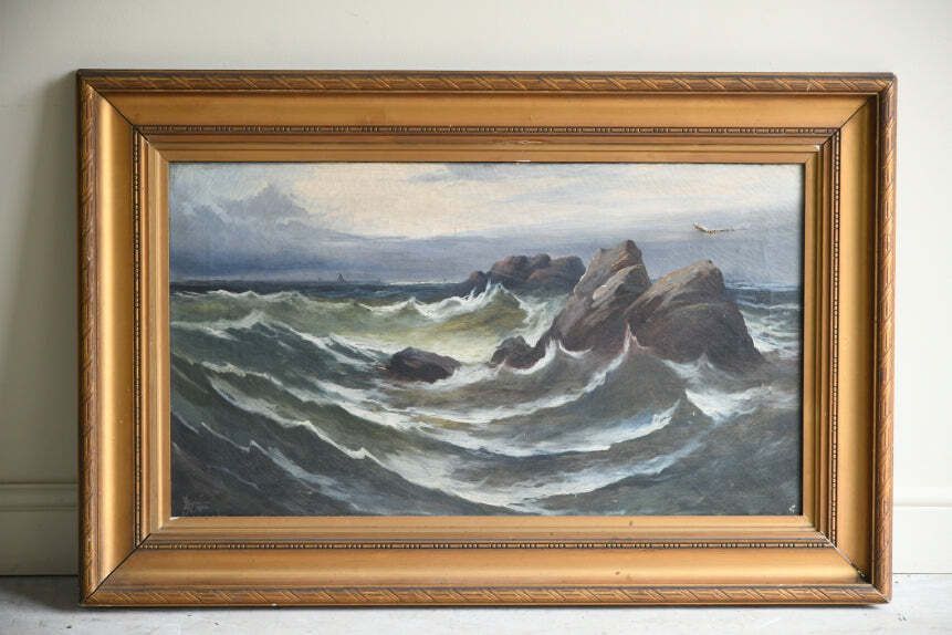 Dramatic Coastal Oil Painting, Early 20th Century photo furniture