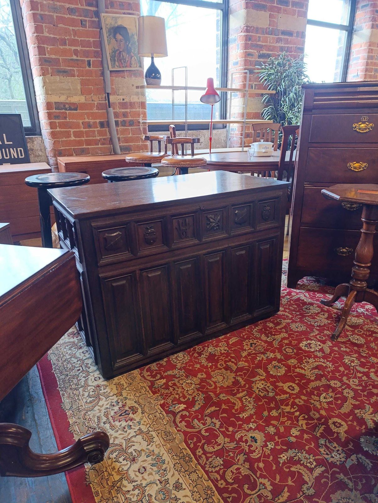 Tudor Revival Oak Coffer With Carved Heraldic Panels Early 20th Century photo for sale