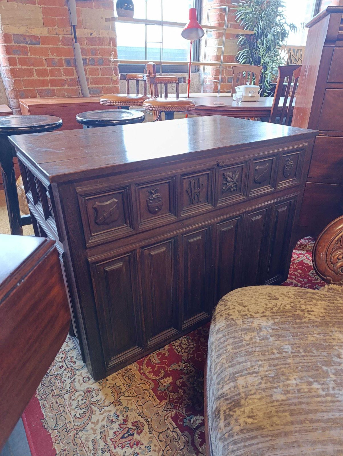 Tudor Revival Oak Coffer With Carved Heraldic Panels Early 20th Century photo Furniture