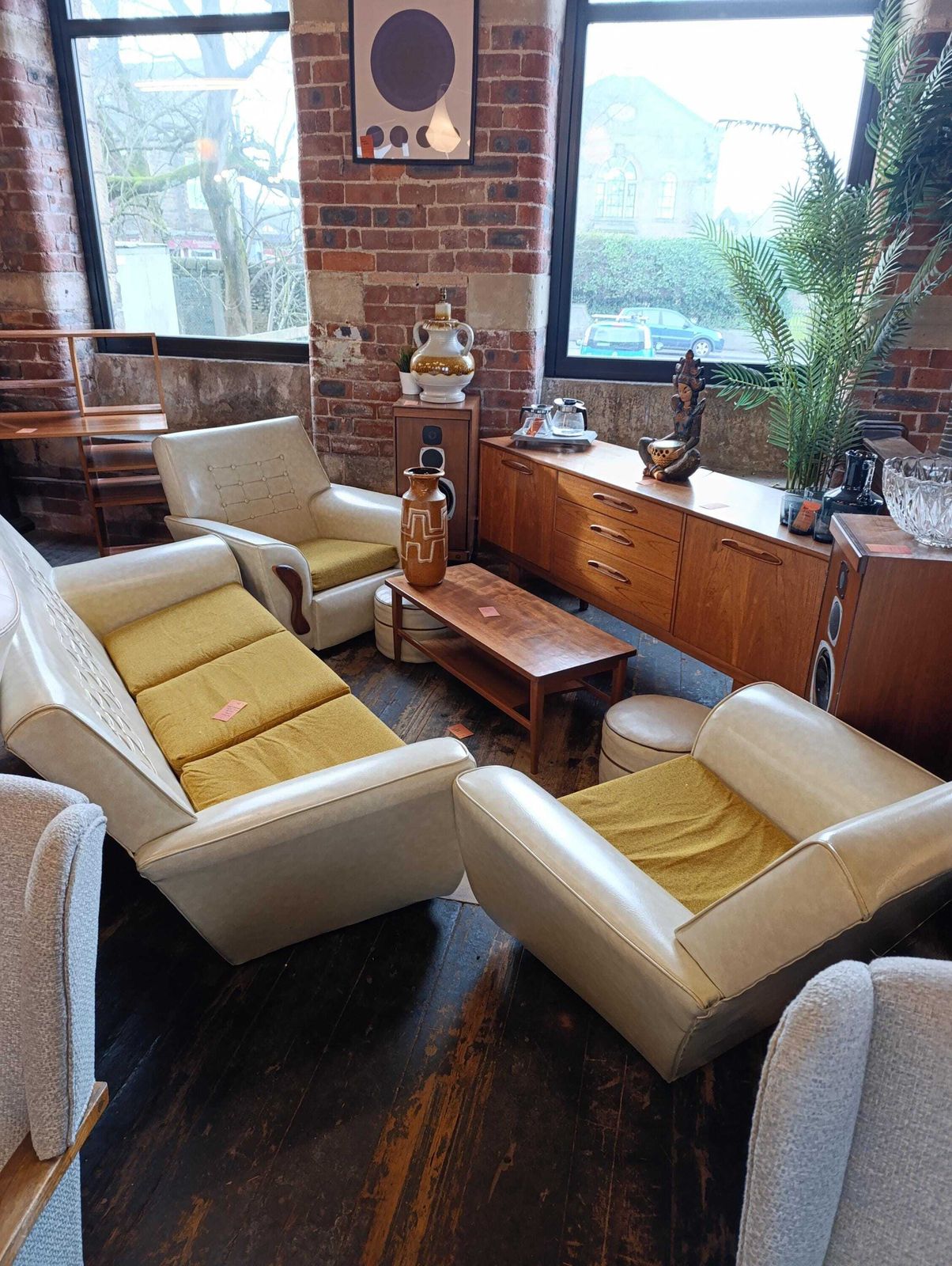 Mid Century Three Piece Lounge Suite In Off White Vinyl With Mustard Cushions photo furniture