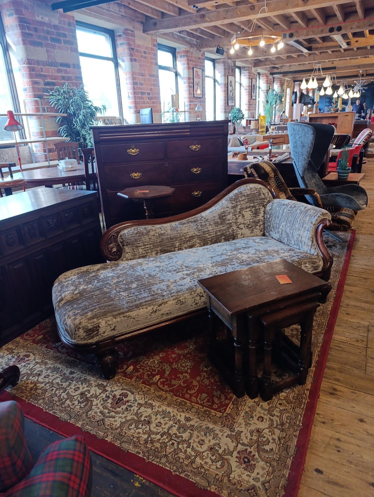 Victorian Walnut Chaise Longue Newly Upholstered In Chenille