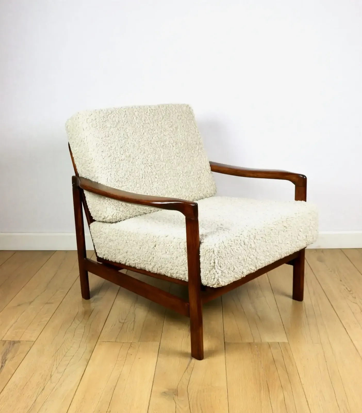 Vintage Brown Beige Ivory Wooden Armchair Long Hair Boucle Designed By Z. Bączyk   2 Pieces Available