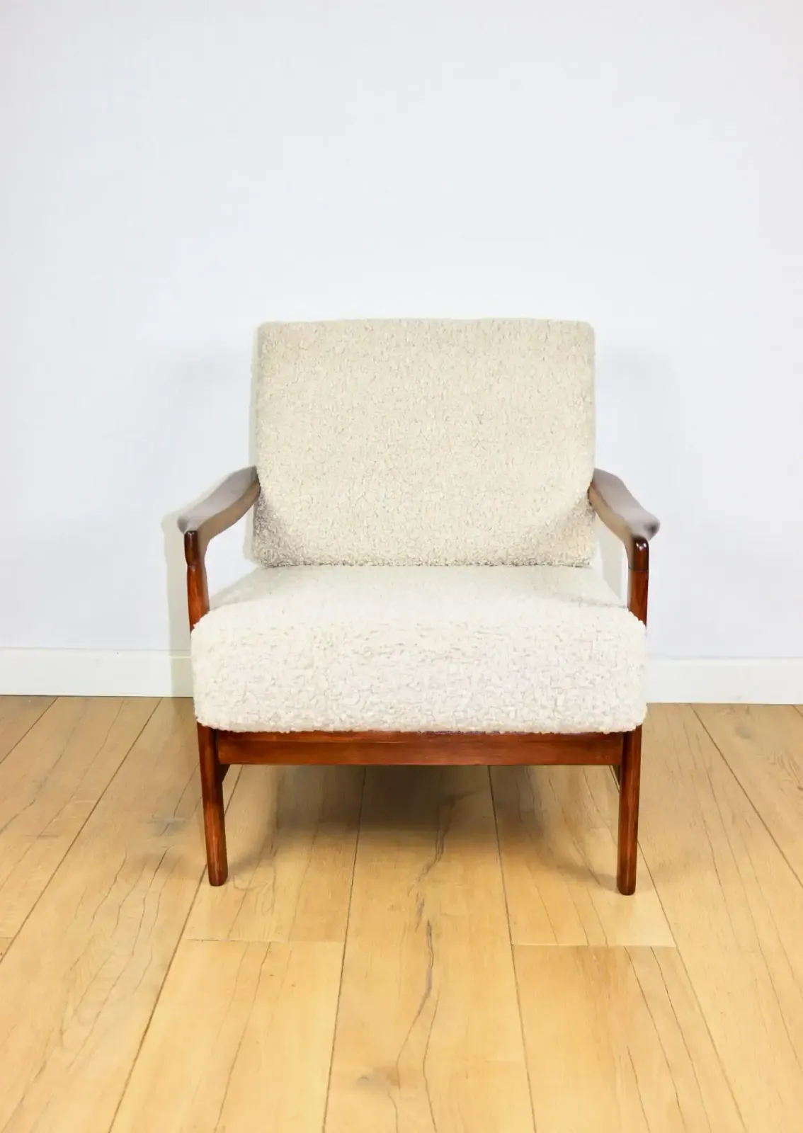 Vintage Brown Beige Ivory Wooden Armchair Long Hair Boucle Designed By Z. Bączyk   2 Pieces Available photo Furniture