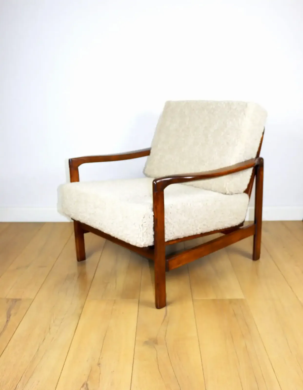 Vintage Brown Beige Ivory Wooden Armchair Long Hair Boucle Designed By Z. Bączyk   2 Pieces Available photo 537.0