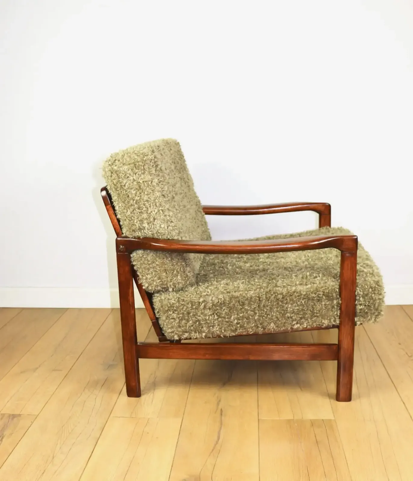 Vintage Brown Wooden Armchair Olive Green Long Hair Designed By Z. Bączyk   2 Pieces Available photo buy