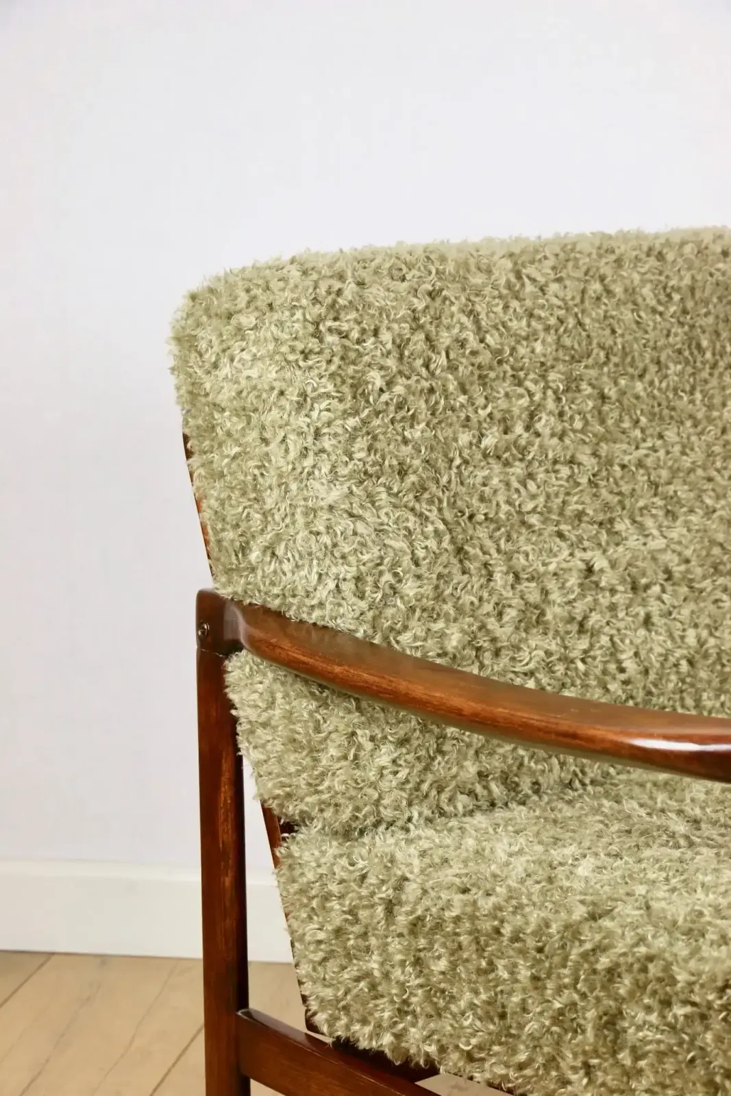 photo for sale Vintage Brown Wooden Armchair Olive Green Long Hair Designed By Z. Bączyk   2 Pieces Available