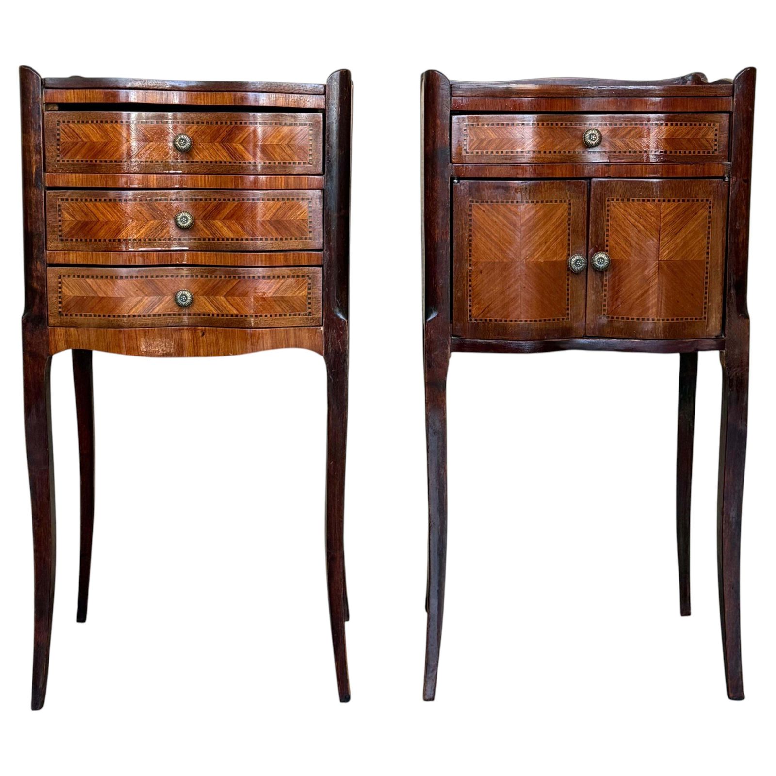French Nightstands In Walnut Marquetry With Three Drawers, 1940s, Set Of 2
