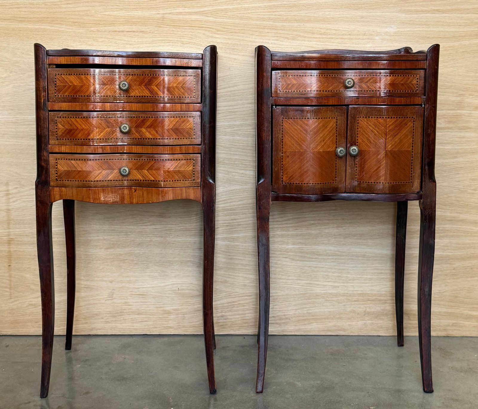 French Nightstands In Walnut Marquetry With Three Drawers, 1940s, Set Of 2 photo furniture