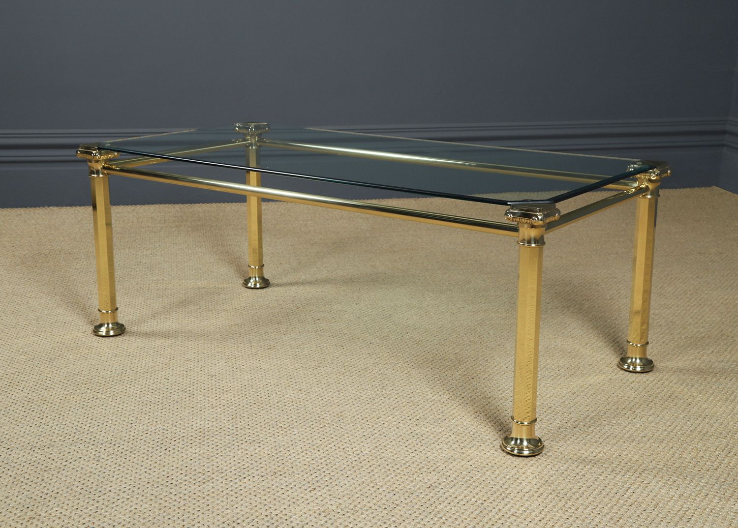 photo for sale English Georgian Style Brass & Glass Occasional Rectangular Coffee Table(circa 1970)