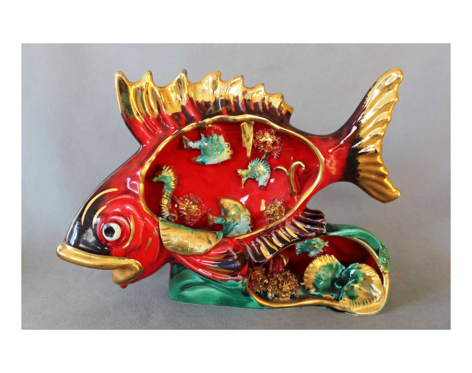 Large Vintage French Vallauris Sea Fish And Coral Sculpture, Was A Lamp Needs Wiring, Ceramic, Hand Made Nautical Decor, Mcm 3d Aquarium