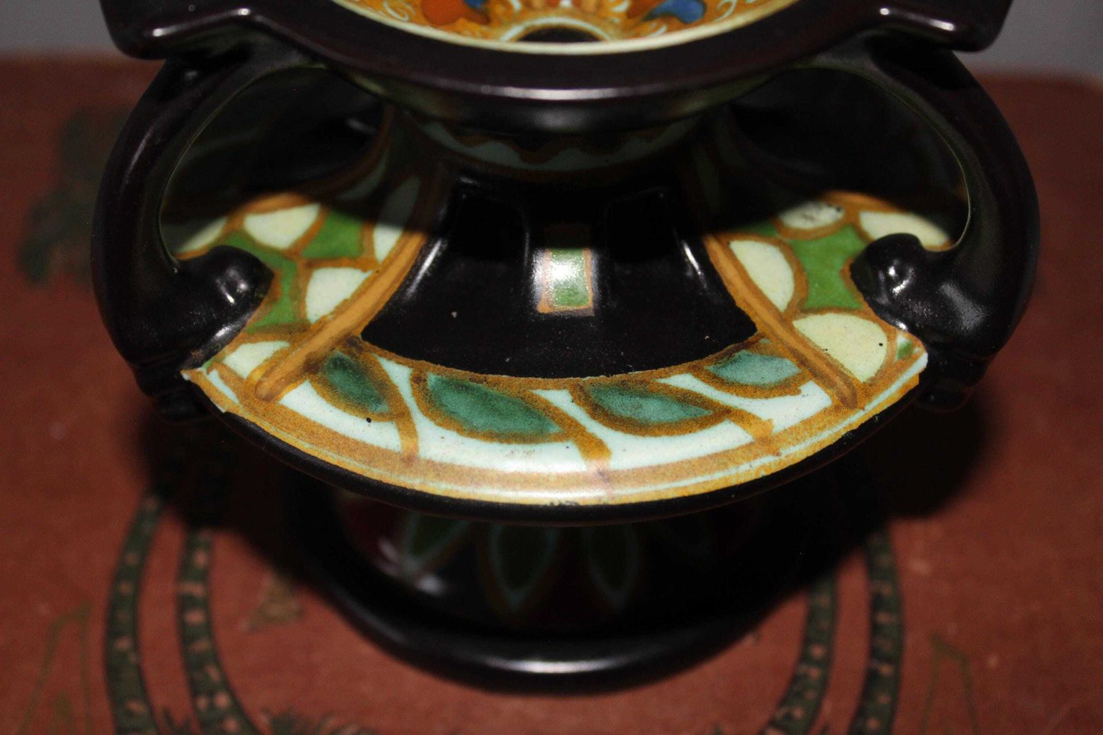 Zeldzame Antieke Art Deco Asbak Met Gelaagde Schaal, Ca. Jaren 1920, Gouda Arnheim Holland, Aardewerk, Gesigneerd Roma, Handgeschilderd photo 115.0