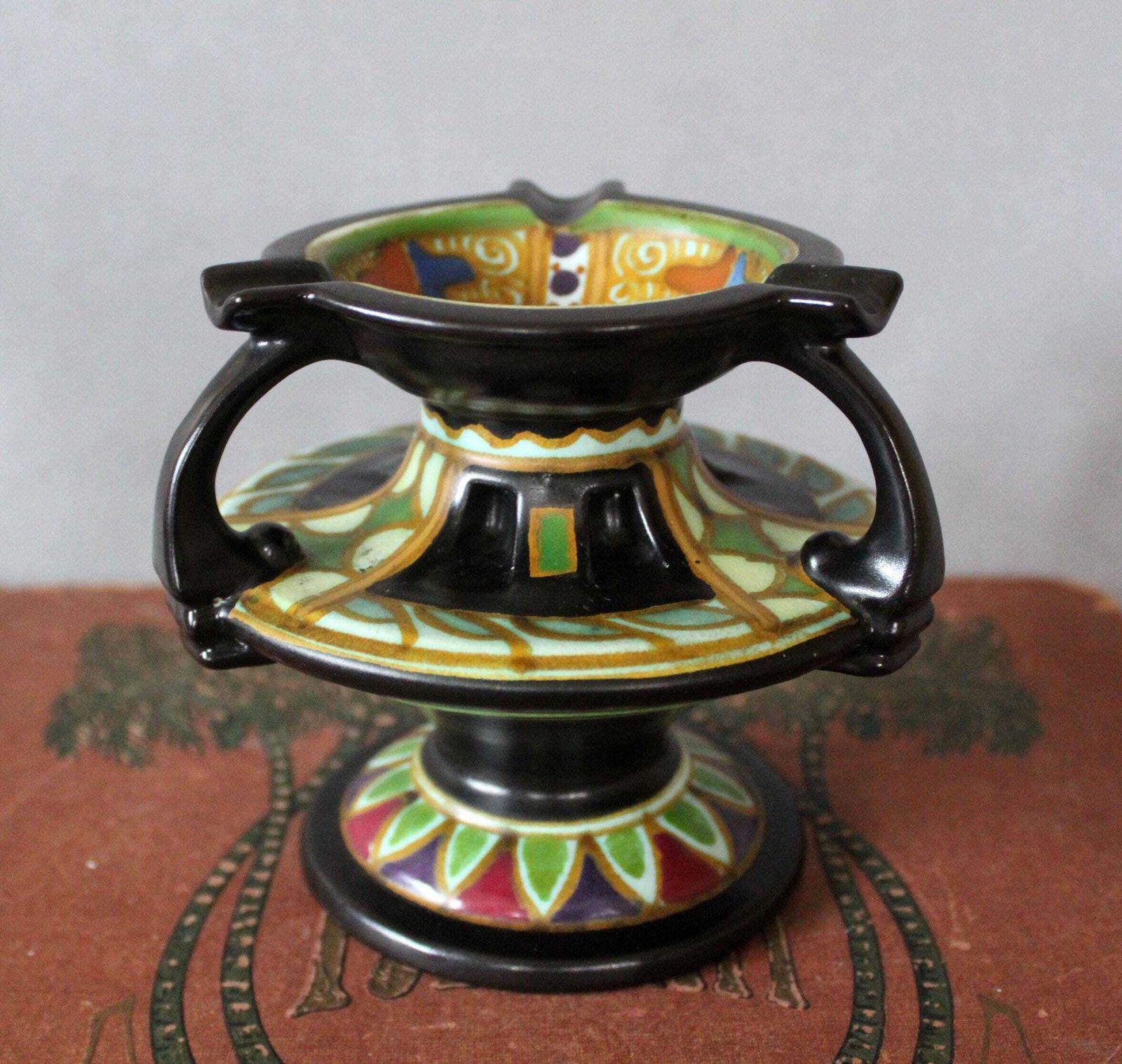 Rare Antique Art Deco Circa 1920s Gouda Arnheim Holland Art Pottery Tiered Ashtray Bowl, Dutch Signed Roma, Hand Painted photo buy