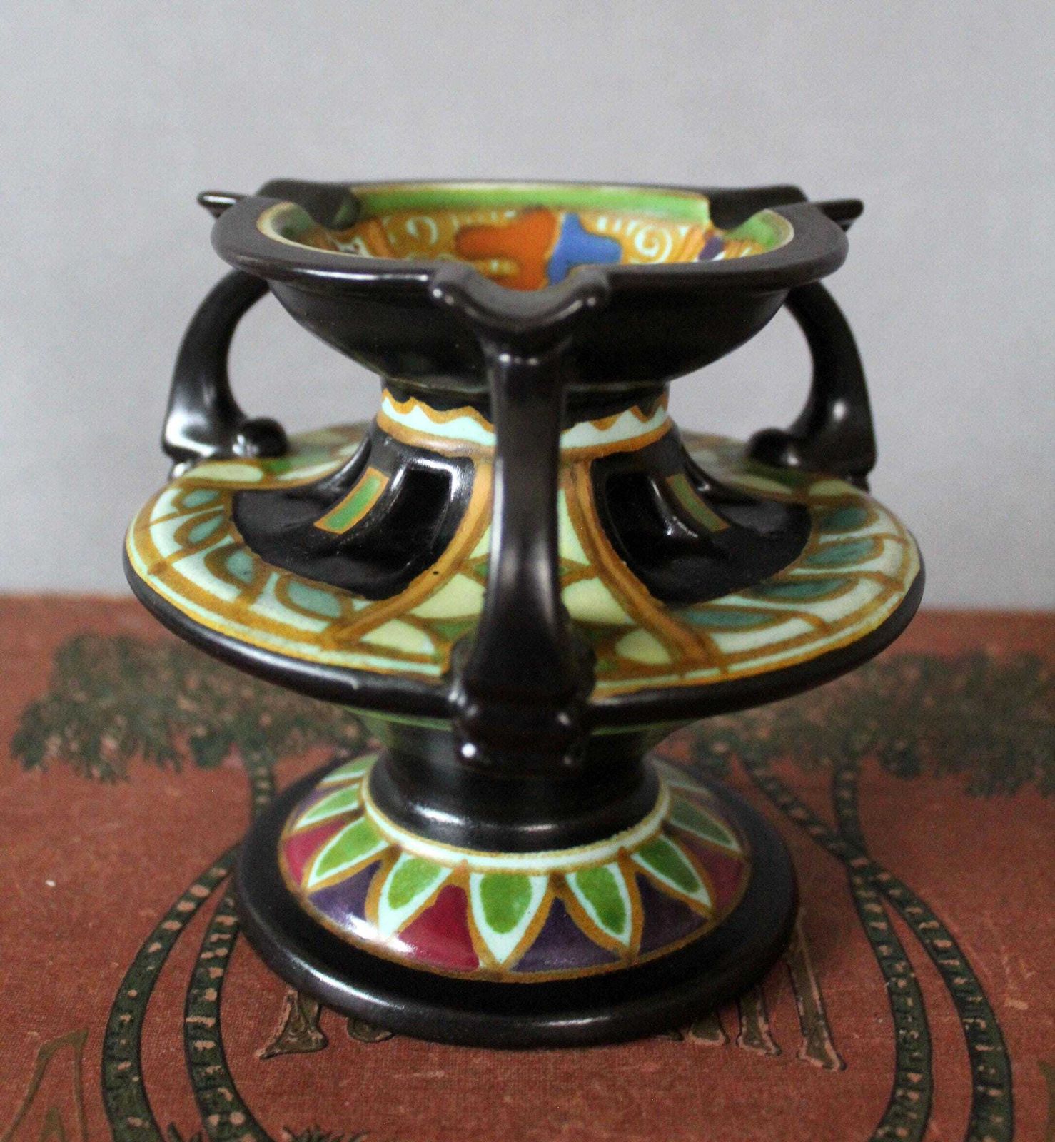 photo furniture Rare Antique Art Deco Circa 1920s Gouda Arnheim Holland Art Pottery Tiered Ashtray Bowl, Dutch Signed Roma, Hand Painted