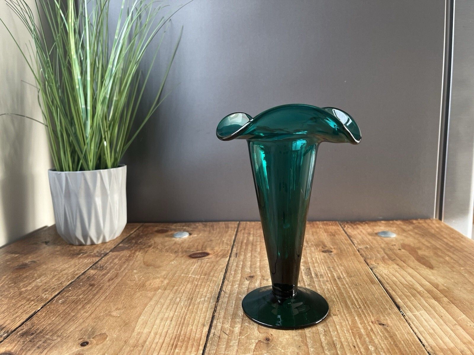 Gorgeous Antique 19th Century C1860 Bristol Green Glass Ruffled Rim Edge Vase photo for sale