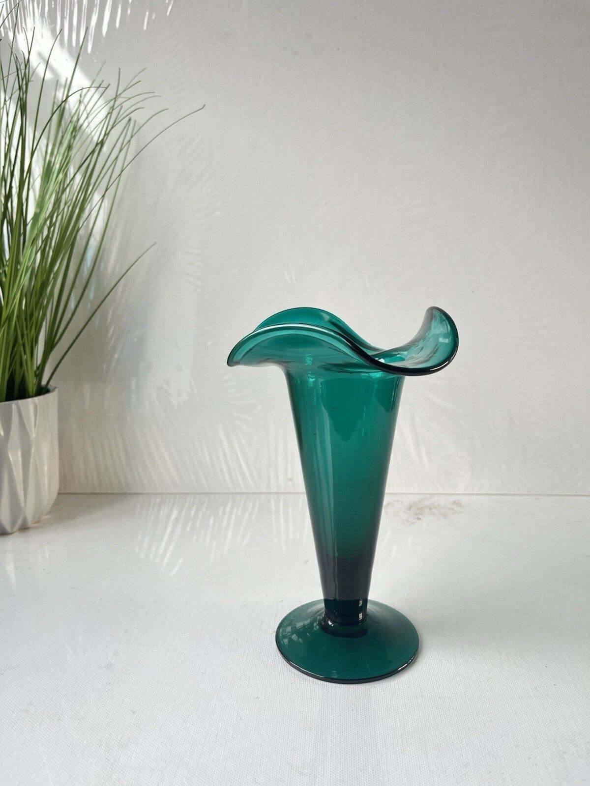 photo for sale Gorgeous Antique 19th Century C1860 Bristol Green Glass Ruffled Rim Edge Vase