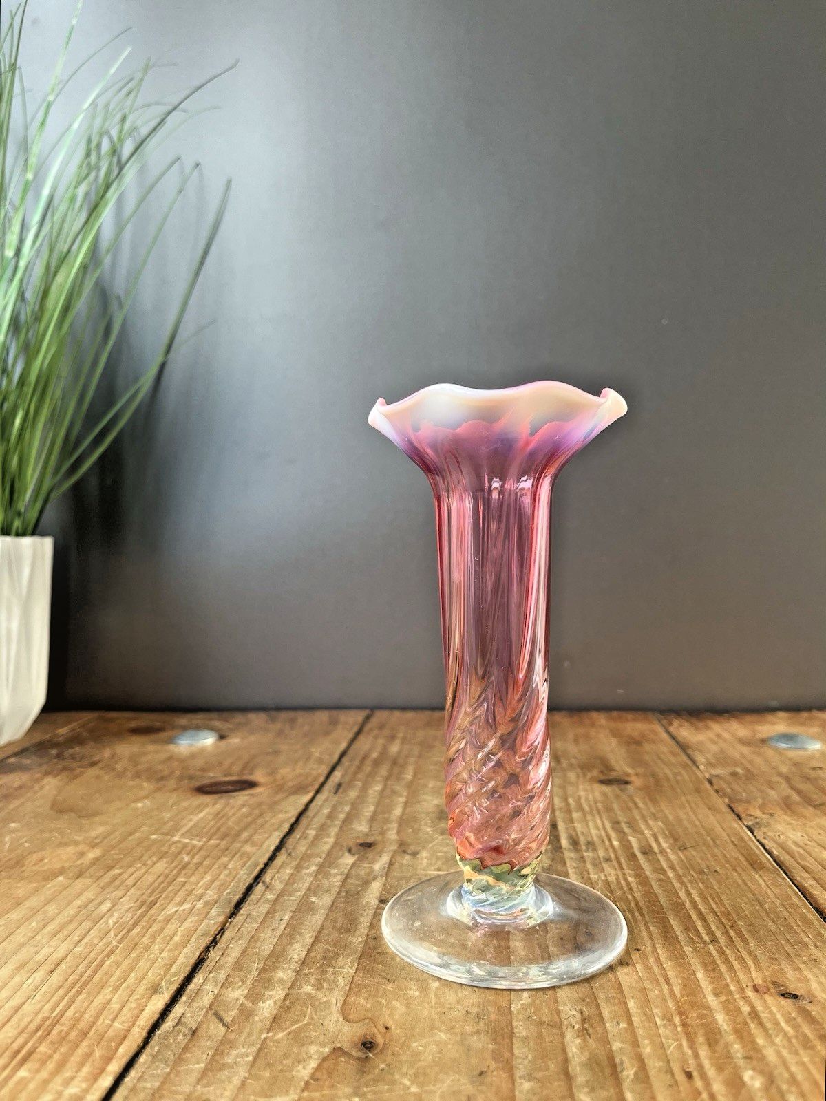 Antique English Victorian Cranberry Uranium Vaseline Glass Ruffled Rim Bud Vase photo 125.0