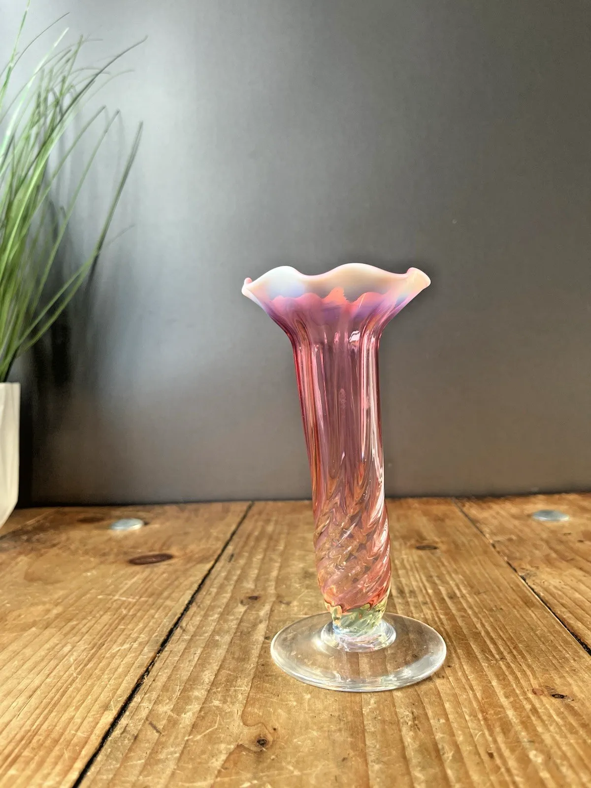 Antique English Victorian Cranberry Uranium Vaseline Glass Ruffled Rim Bud Vase photo buy