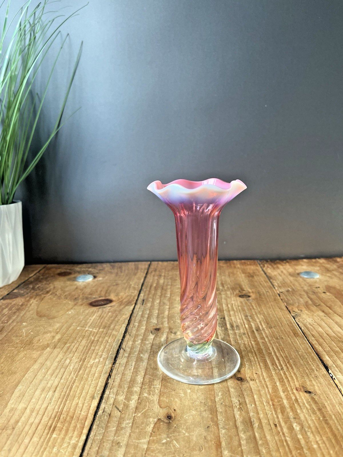 Antique English Victorian Cranberry Uranium Vaseline Glass Ruffled Rim Bud Vase photo vintage