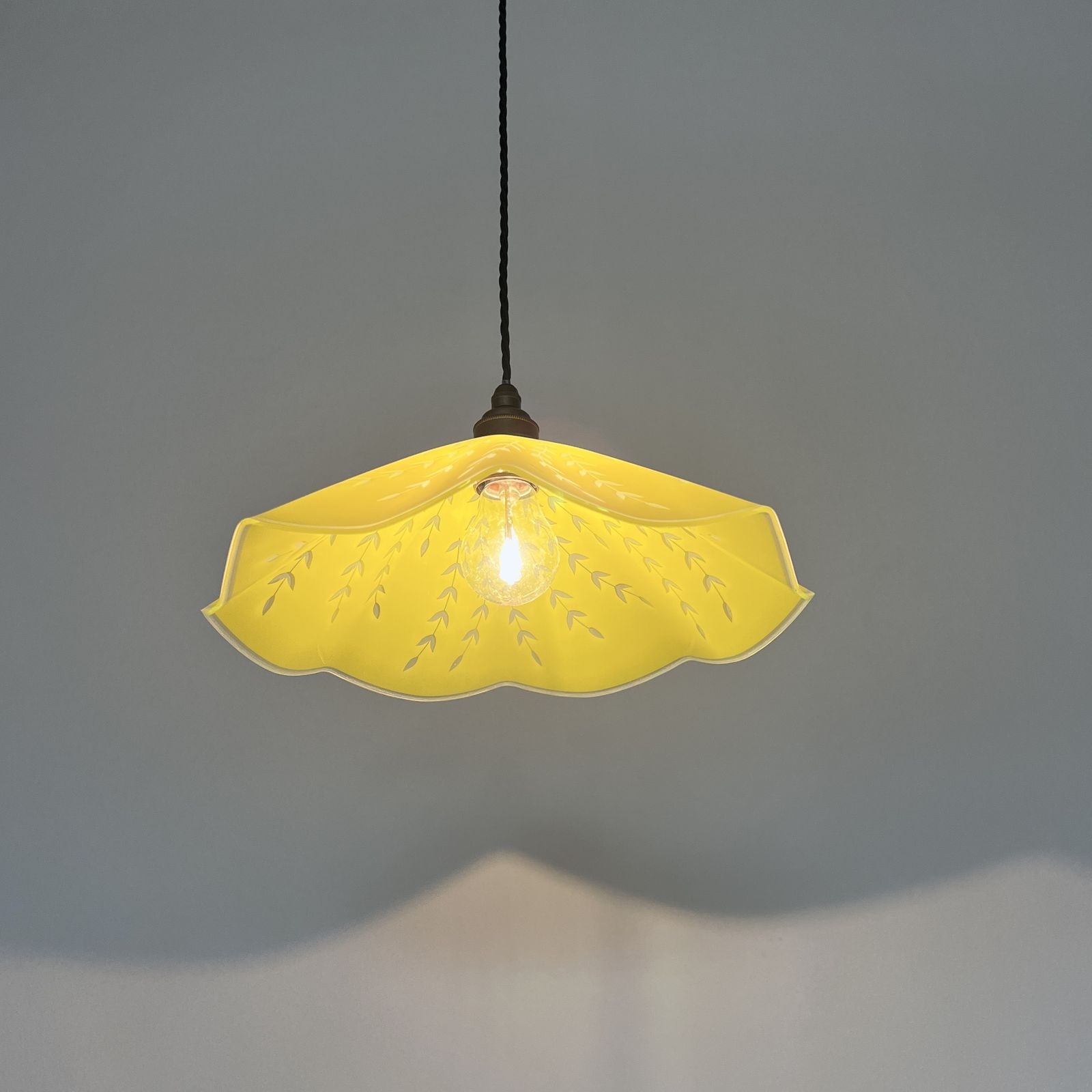 French Yellow Fluted Glass Shade With Floral Details photo 195.0