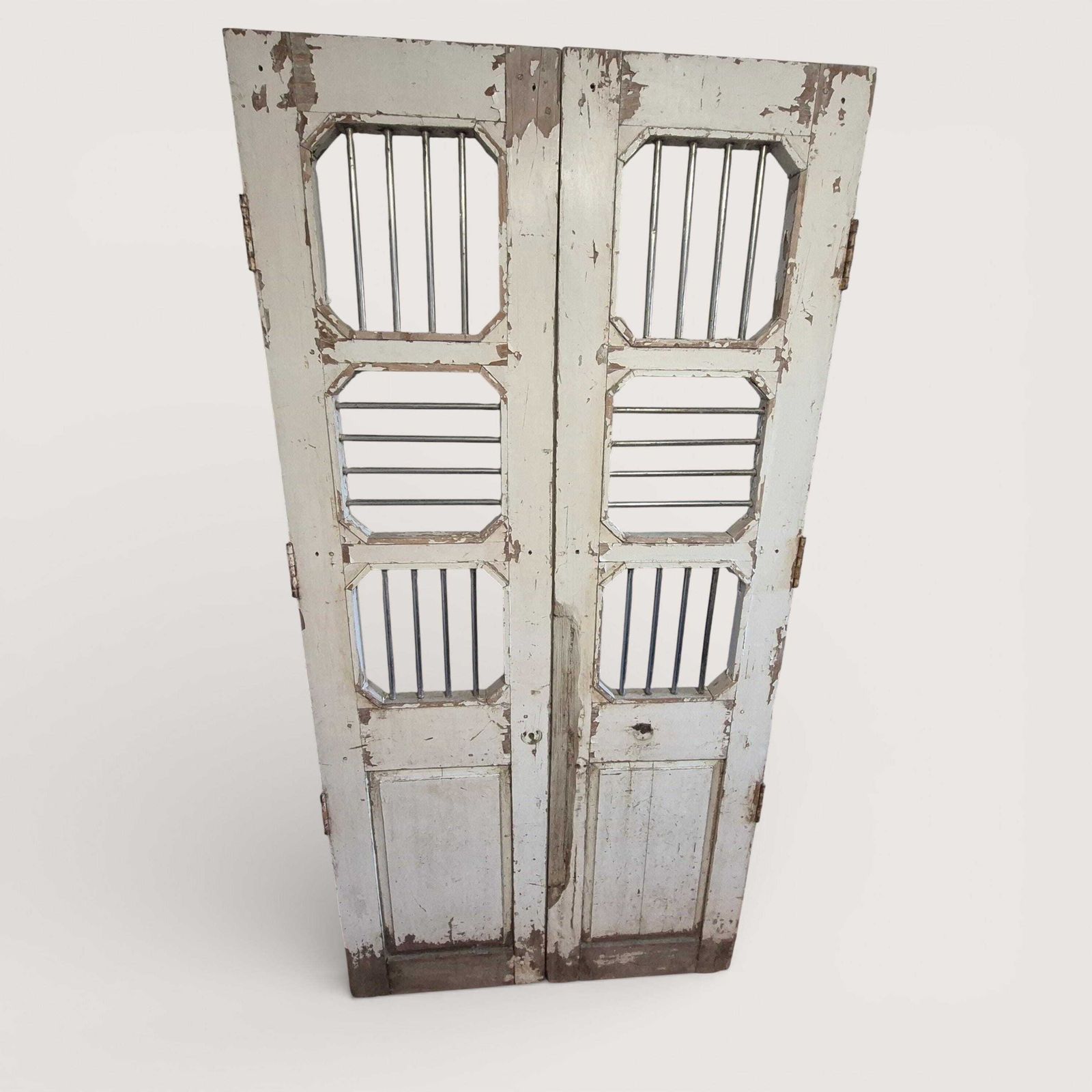 Antique Indian Jali Doors Pair 189cm | Reclaimed Teak Panels With Steel Bars | Architectural Salvage Feature Doors photo vintage