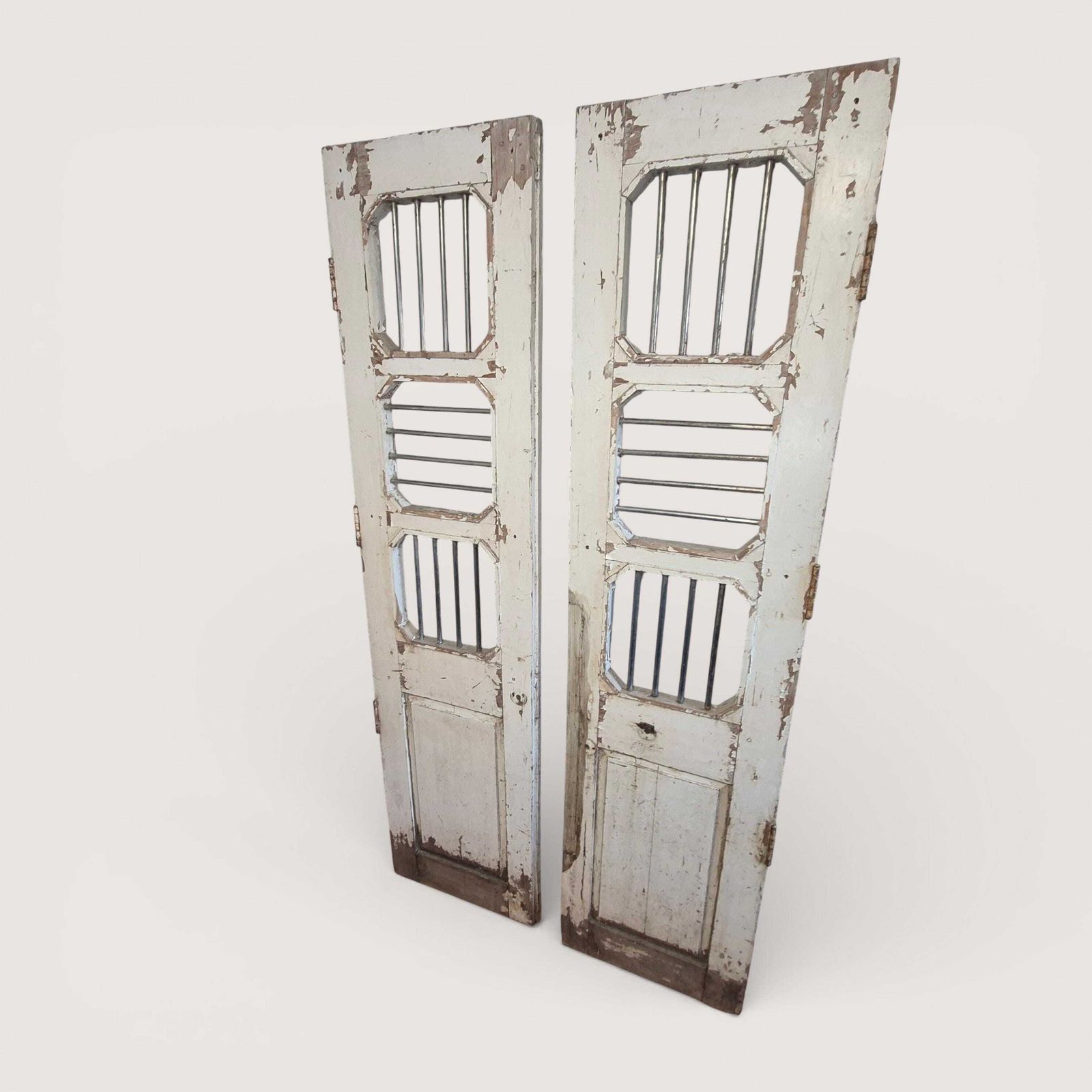 photo for sale Antique Indian Jali Doors Pair 189cm | Reclaimed Teak Panels With Steel Bars | Architectural Salvage Feature Doors