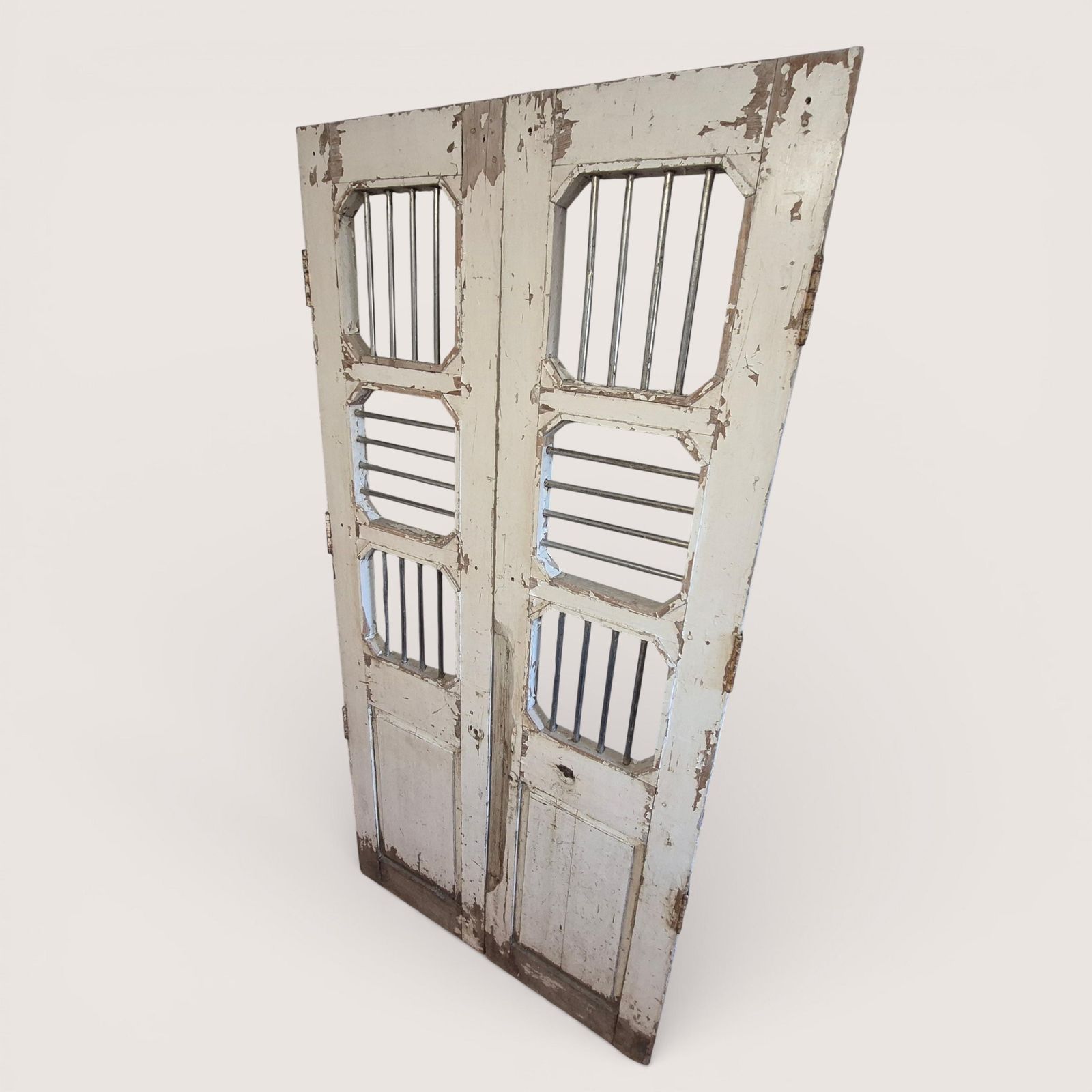 photo vinterior Antique Indian Jali Doors Pair 189cm | Reclaimed Teak Panels With Steel Bars | Architectural Salvage Feature Doors