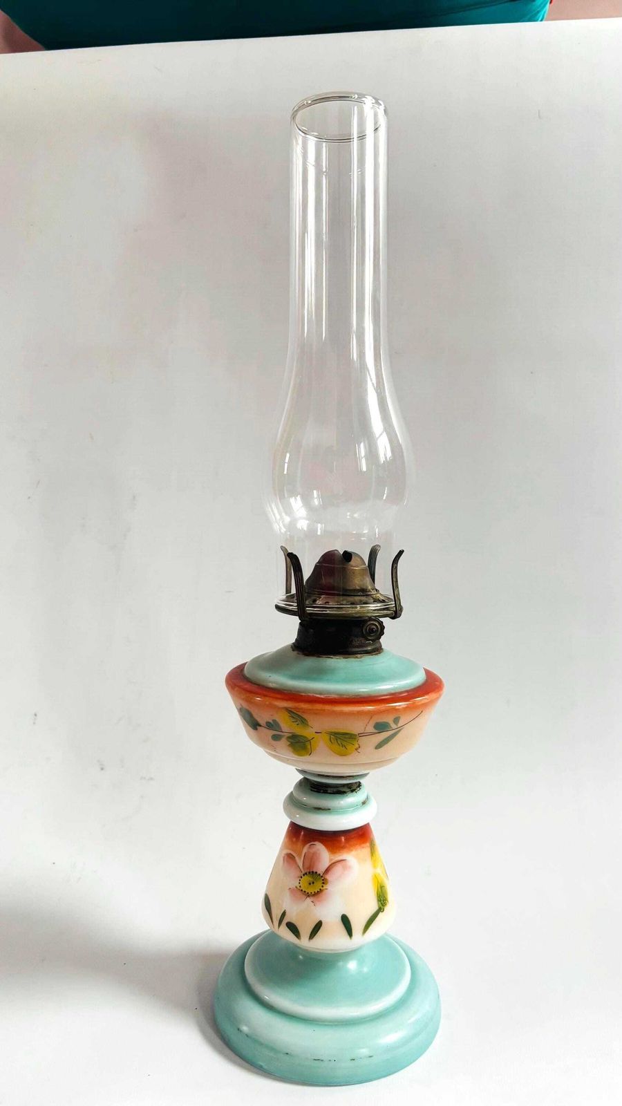 Victorian Opaline Milk Glass Oil Lamp, Hand Painted Floral Hurricane Table Lamp, 19th Century photo furniture