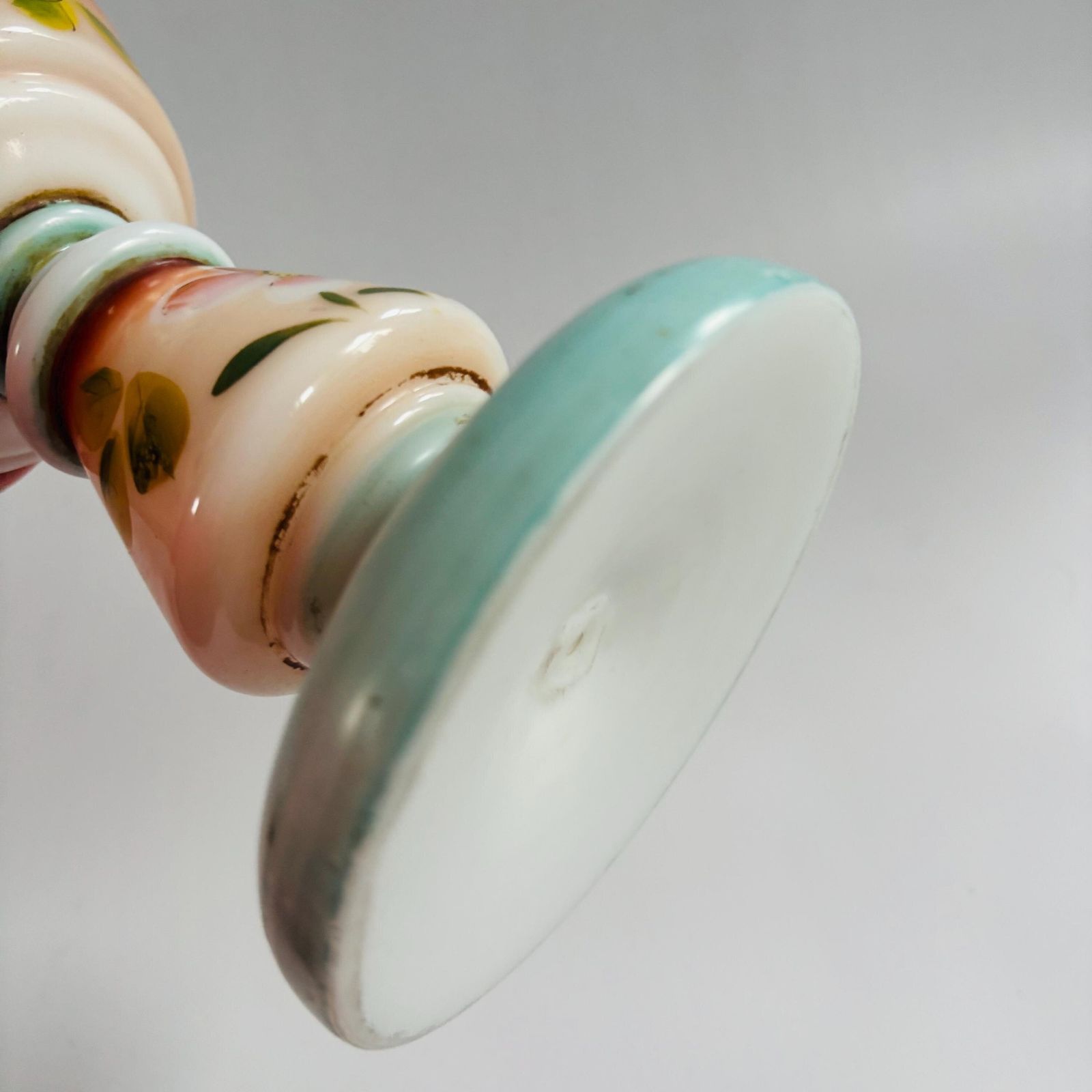 photo for sale Victorian Opaline Milk Glass Oil Lamp, Hand Painted Floral Hurricane Table Lamp, 19th Century