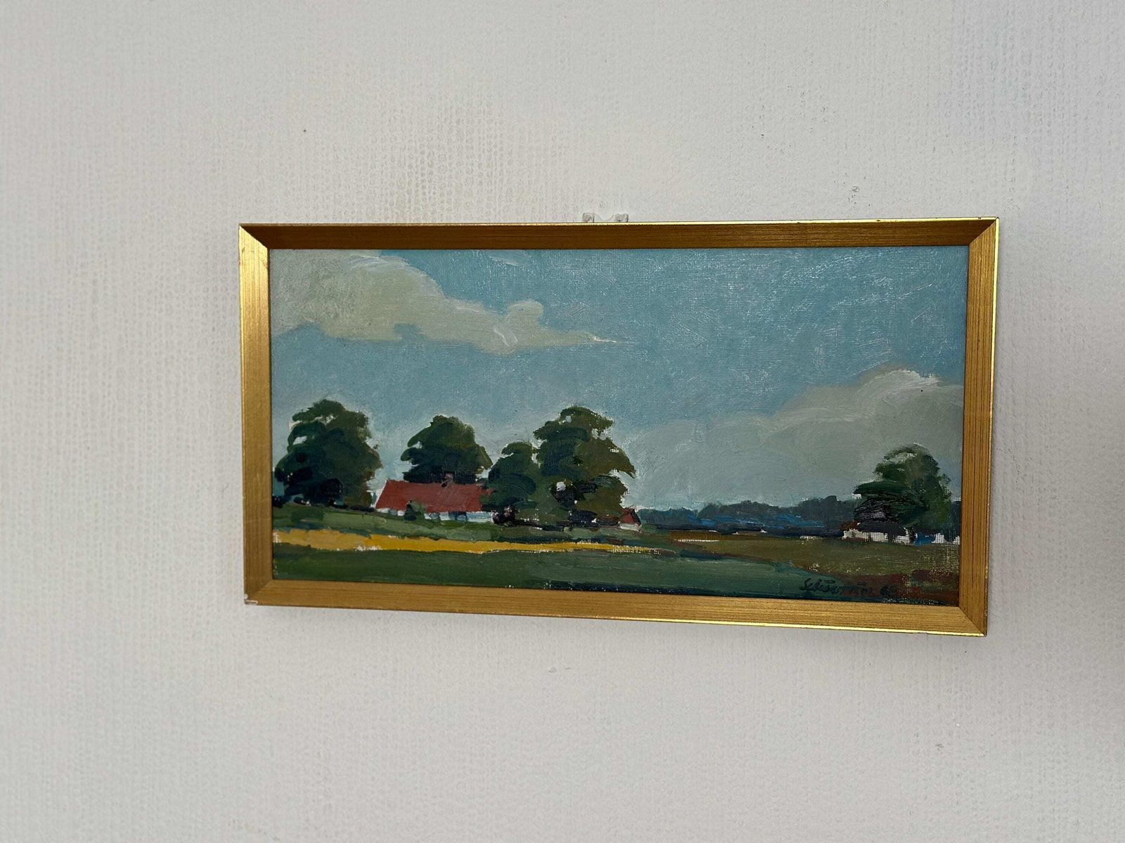 Original Swedish Oil On Canvas – “Landscape With Farms” By Schörström – Vintage & Framed – 22 × 42 Cm (8.7" × 16.5") photo vinterior