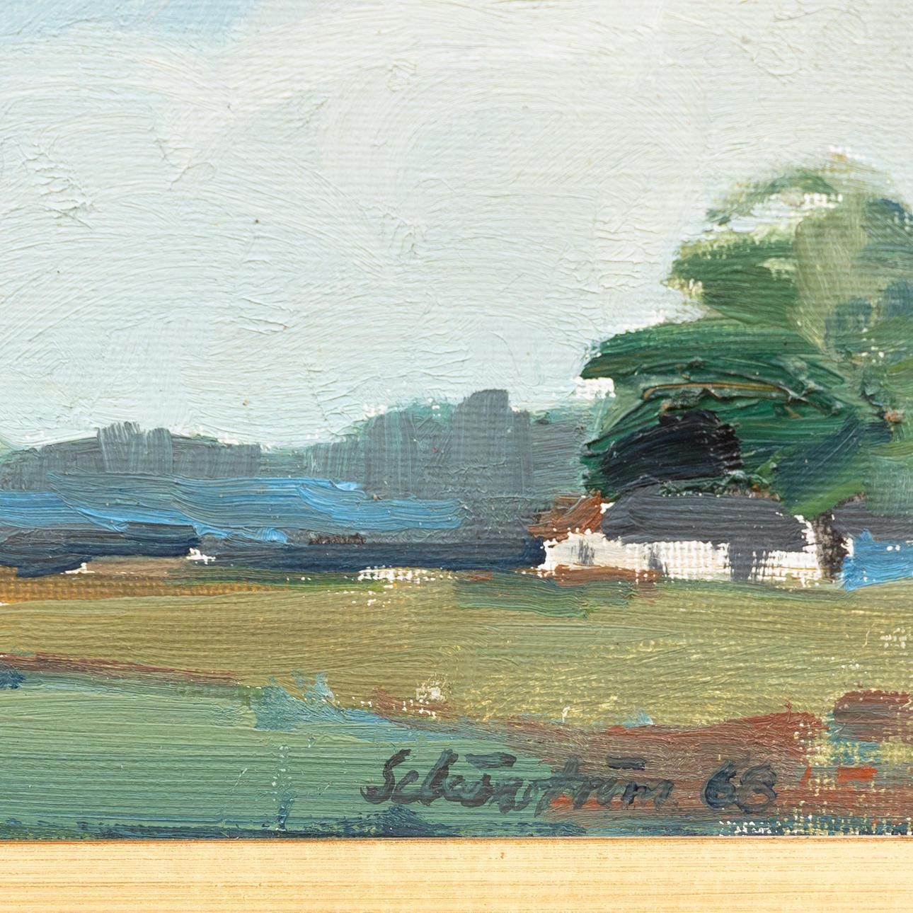 Original Swedish Oil On Canvas – “Landscape With Farms” By Schörström – Vintage & Framed – 22 × 42 Cm (8.7" × 16.5") photo vintage